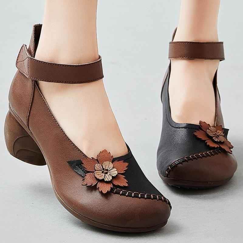 Women's Casual Shoes Pumps 2021 Genuine Leather Hook & Loop Round Toe Retro High Heels Handmade Leisure Ladies Shoes - Touchy Style .