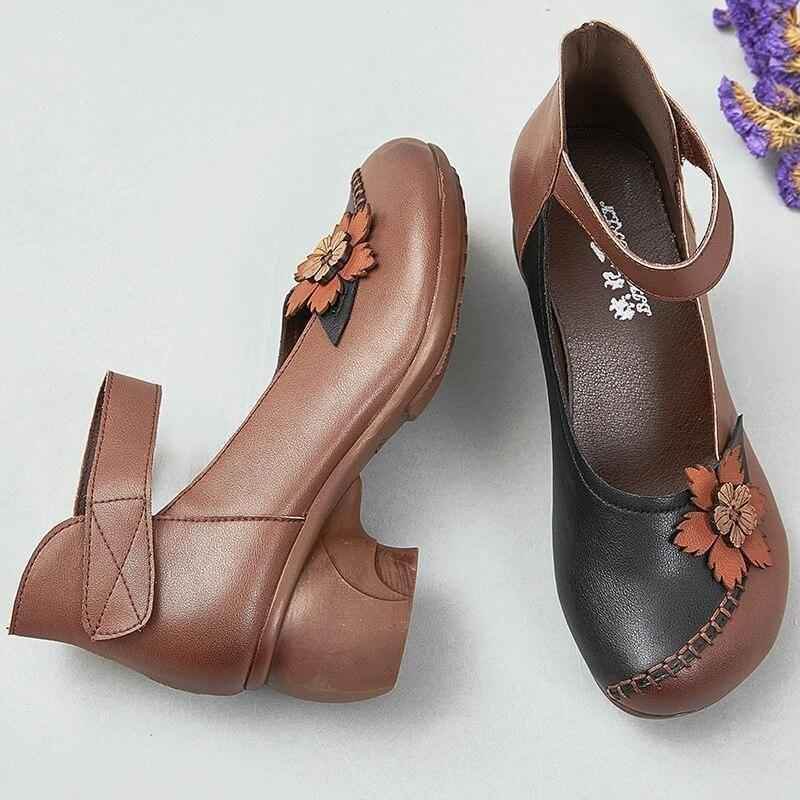 Women's Casual Shoes Pumps 2021 Genuine Leather Hook & Loop Round Toe Retro High Heels Handmade Leisure Ladies Shoes - Touchy Style .