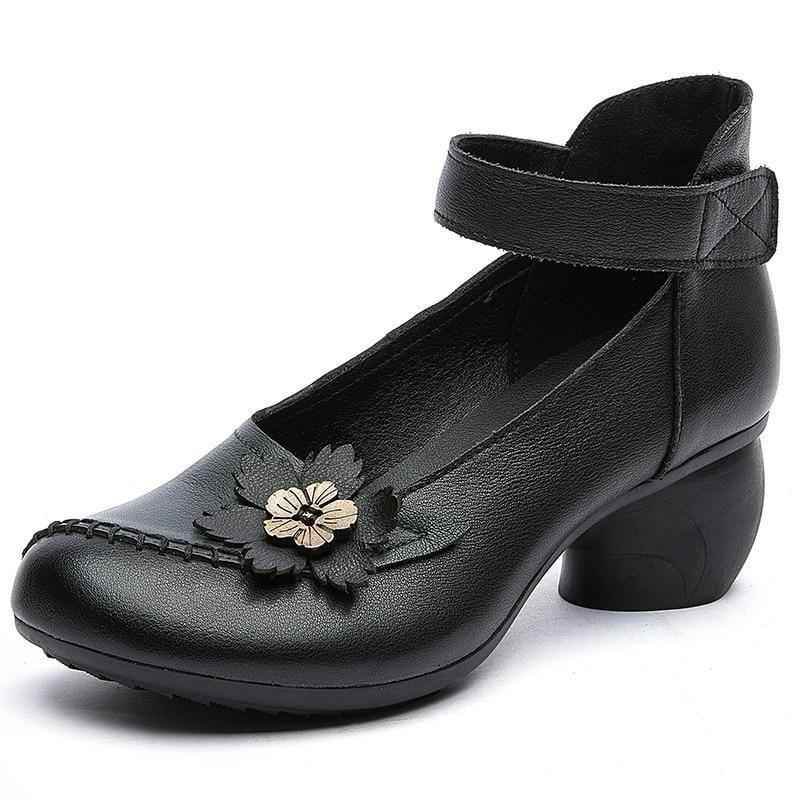 Women's Casual Shoes Pumps 2021 Genuine Leather Hook & Loop Round Toe Retro High Heels Handmade Leisure Ladies Shoes - Touchy Style .