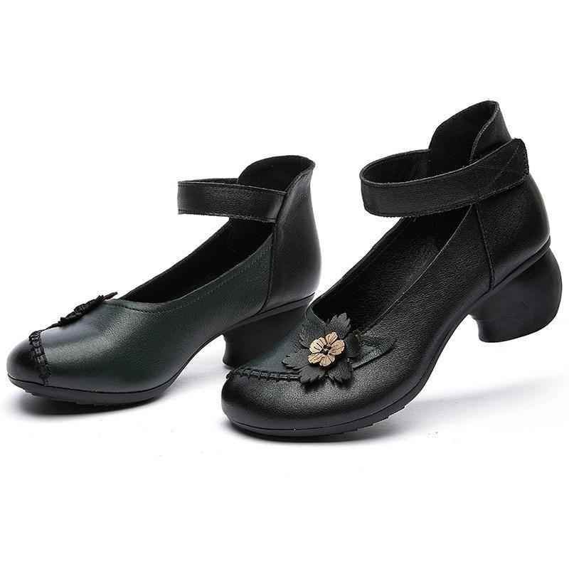 Women's Casual Shoes Pumps 2021 Genuine Leather Hook & Loop Round Toe Retro High Heels Handmade Leisure Ladies Shoes - Touchy Style .