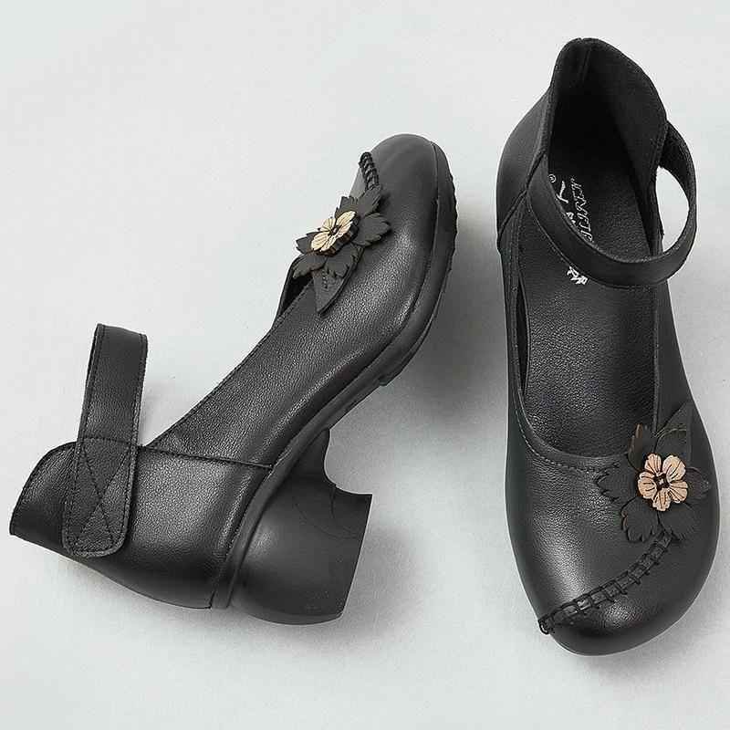 Women's Casual Shoes Pumps 2021 Genuine Leather Hook & Loop Round Toe Retro High Heels Handmade Leisure Ladies Shoes - Touchy Style .