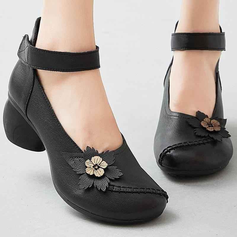 Women's Casual Shoes Pumps 2021 Genuine Leather Hook & Loop Round Toe Retro High Heels Handmade Leisure Ladies Shoes - Touchy Style .