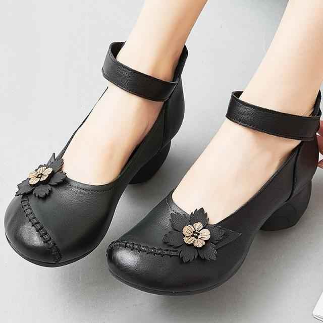 Women's Casual Shoes Pumps 2021 Genuine Leather Hook & Loop Round Toe Retro High Heels Handmade Leisure Ladies Shoes - Touchy Style .