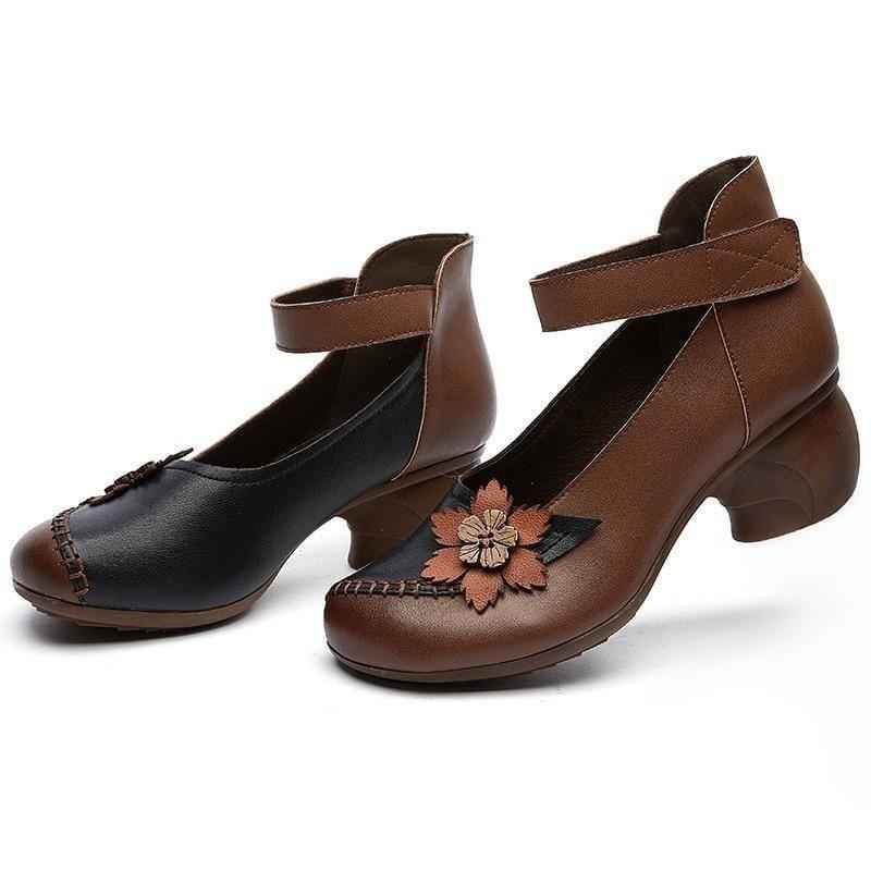 Women's Casual Shoes Pumps 2021 Genuine Leather Hook & Loop Round Toe Retro High Heels Handmade Leisure Ladies Shoes - Touchy Style .