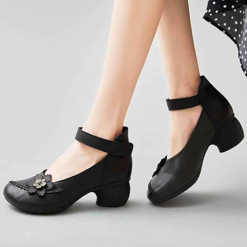 Women's Casual Shoes Pumps 2021 Genuine Leather Hook & Loop Round Toe Retro High Heels Handmade Leisure Ladies Shoes - Touchy Style .