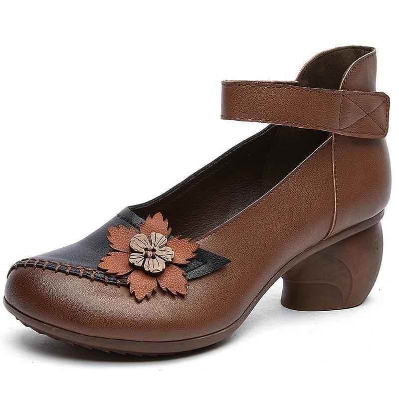 Women's Casual Shoes Pumps 2021 Genuine Leather Hook & Loop Round Toe Retro High Heels Handmade Leisure Ladies Shoes - Touchy Style .