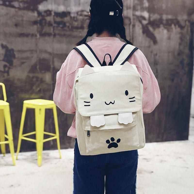 XA909H Canvas Cool Backpack: Cartoon Cat Embroidery School Bag - Touchy Style .