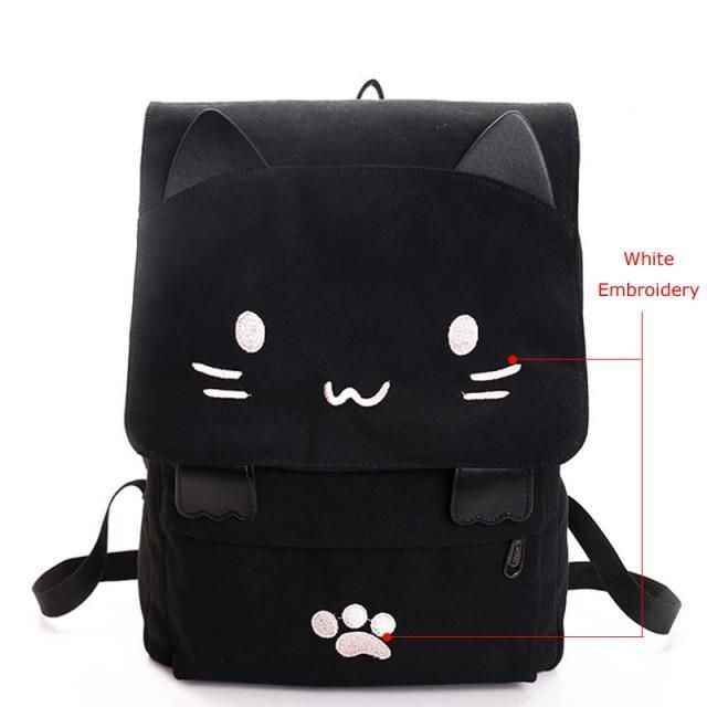 XA909H Canvas Cool Backpack: Cartoon Cat Embroidery School Bag - Touchy Style