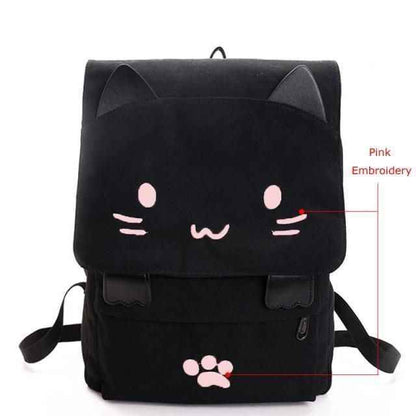 XA909H Canvas Cool Backpack: Cartoon Cat Embroidery School Bag - Touchy Style .