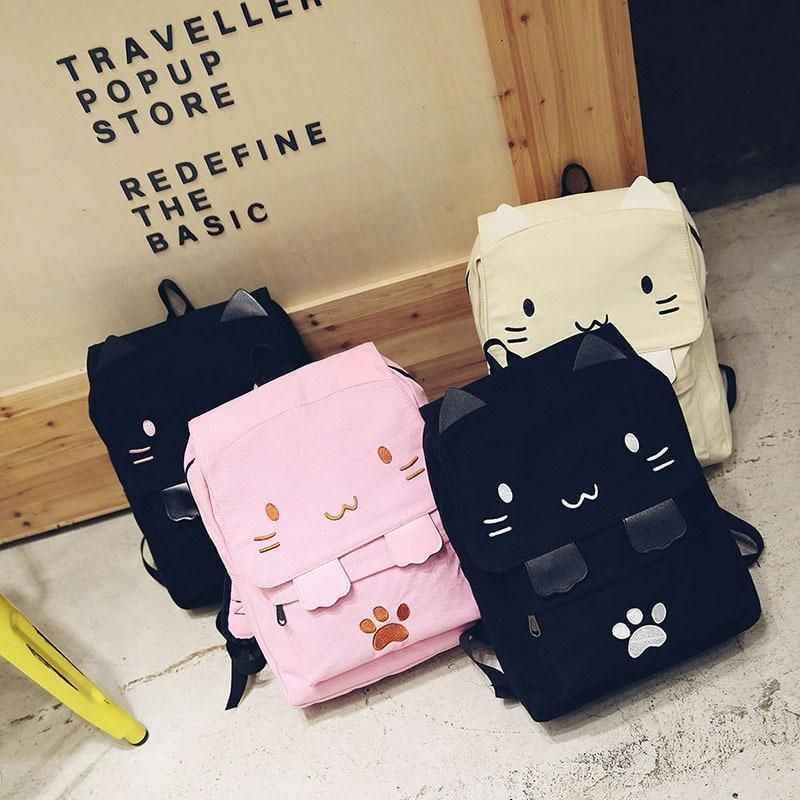 XA909H Canvas Cool Backpack: Cartoon Cat Embroidery School Bag - Touchy Style .