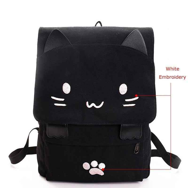 XA909H Canvas Cool Backpack: Cartoon Cat Embroidery School Bag - Touchy Style