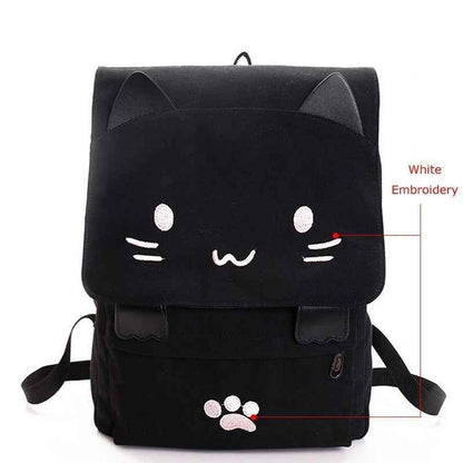 XA909H Canvas Cool Backpack: Cartoon Cat Embroidery School Bag - Touchy Style