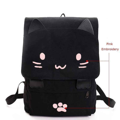 XA909H Canvas Cool Backpack: Cartoon Cat Embroidery School Bag - Touchy Style .