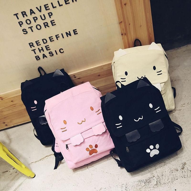 XA909H Canvas Cool Backpack: Cartoon Cat Embroidery School Bag