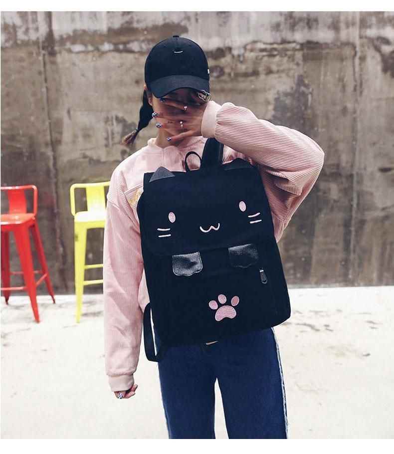 XA909H Canvas Cool Backpack: Cartoon Cat Embroidery School Bag - Touchy Style .