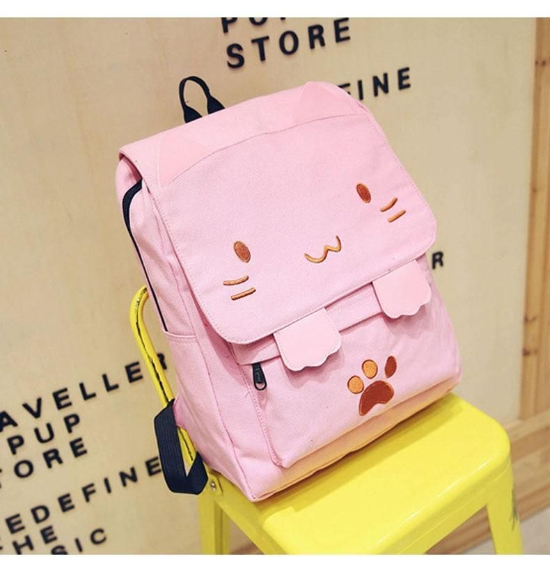 XA909H Canvas Cool Backpack: Cartoon Cat Embroidery School Bag - Touchy Style .