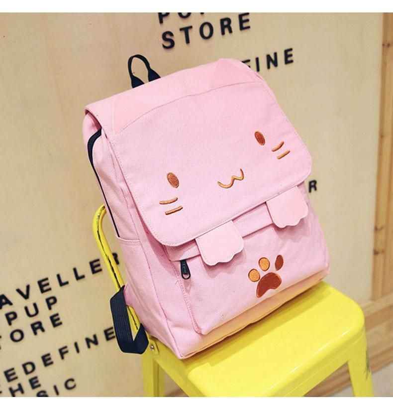 XA909H Canvas Cool Backpack: Cartoon Cat Embroidery School Bag - Touchy Style
