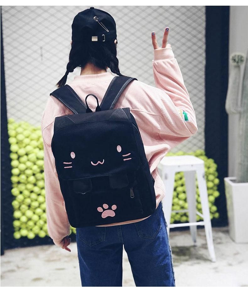 XA909H Canvas Cool Backpack: Cartoon Cat Embroidery School Bag - Touchy Style .