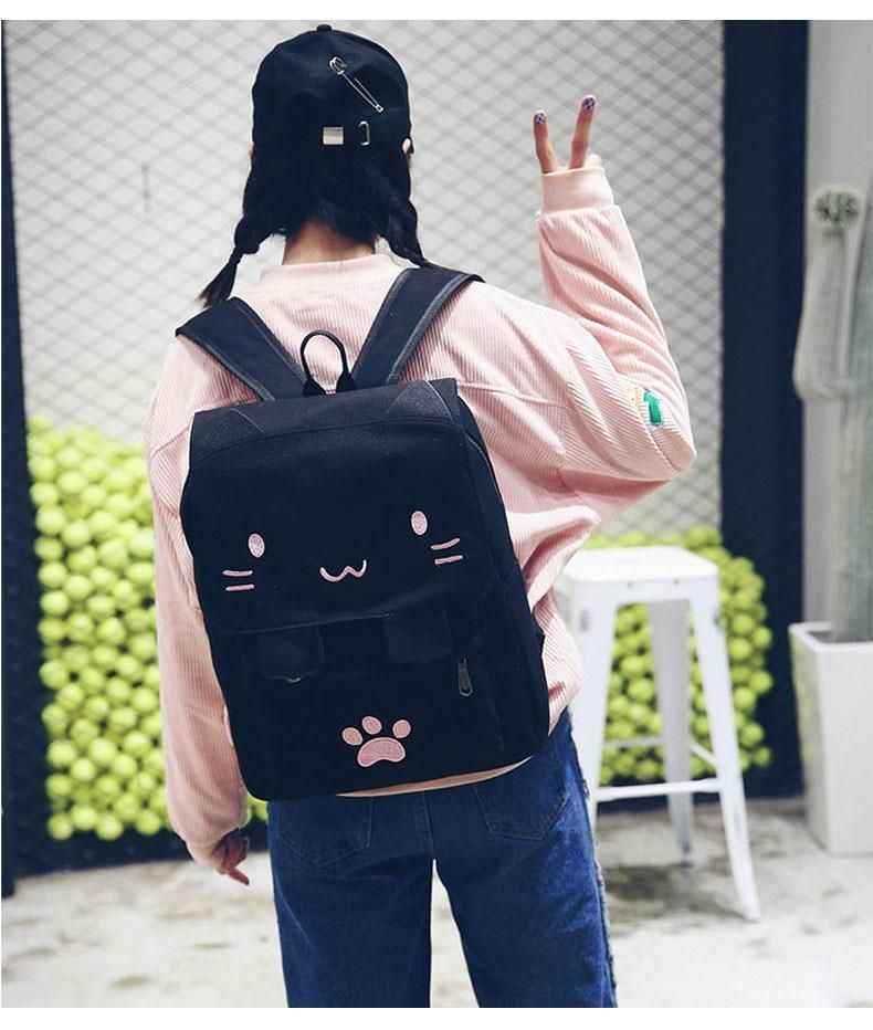 XA909H Canvas Cool Backpack: Cartoon Cat Embroidery School Bag - Touchy Style