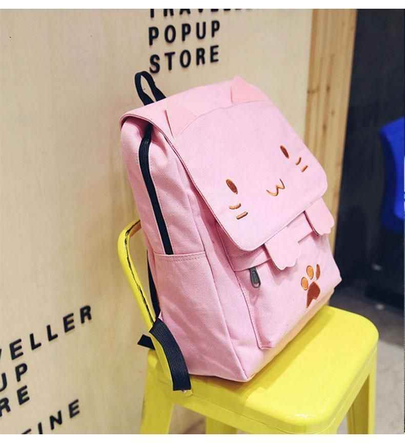 XA909H Canvas Cool Backpack: Cartoon Cat Embroidery School Bag - Touchy Style .