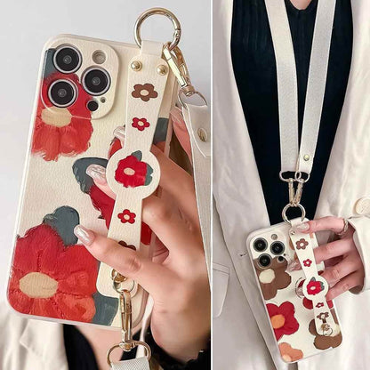 XG08XW Cute Phone Case for Huawei P60, P30, P20, P50, P40 Pro Lite, Honor X8, 20, 50, 70, 90, Nova 9, 8, and 5t - With Lanyard - Cartoon Flowers - Touchy Style