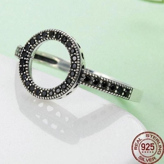 100% Genuine 925 Sterling Silver Forever Clear Black Round Ring - Touchy Style .