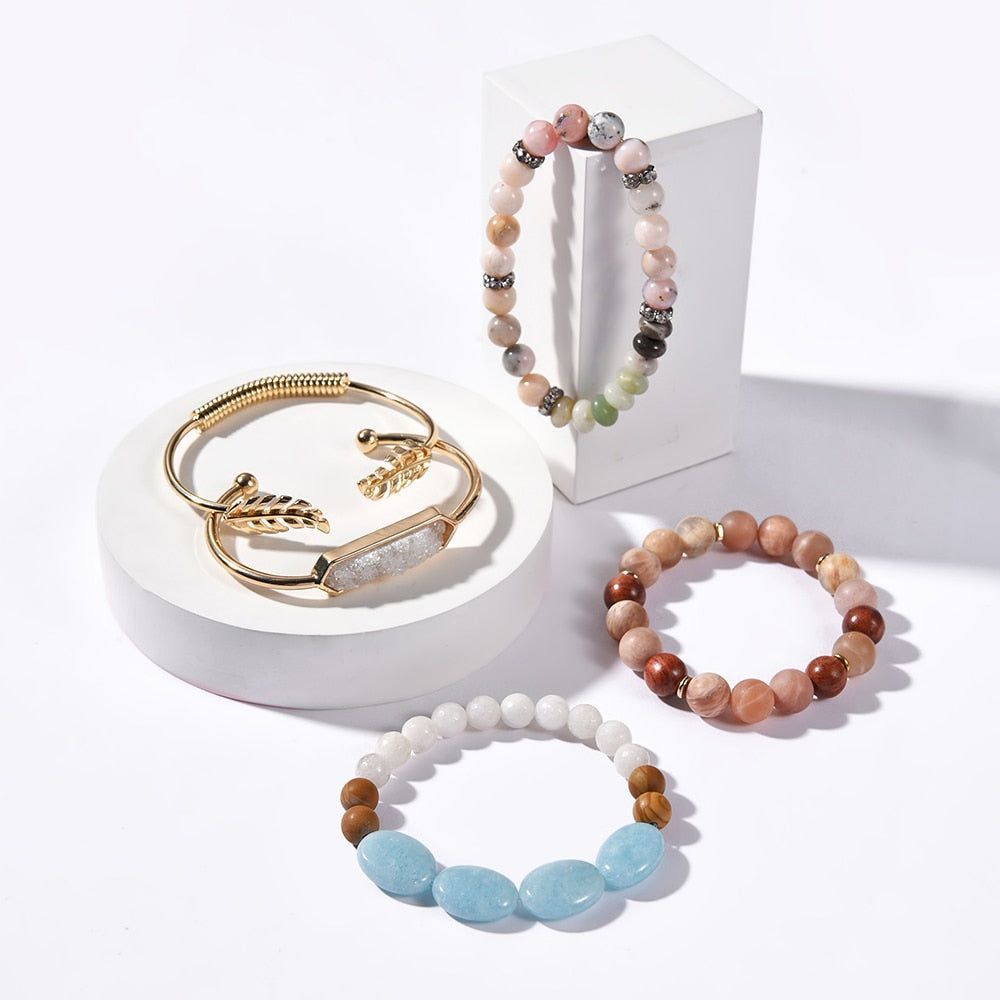 5 Pcs/set Natural Semi-precious Stone Metal Bracelets Charm Jewelry Set BCJH41 - Touchy Style .