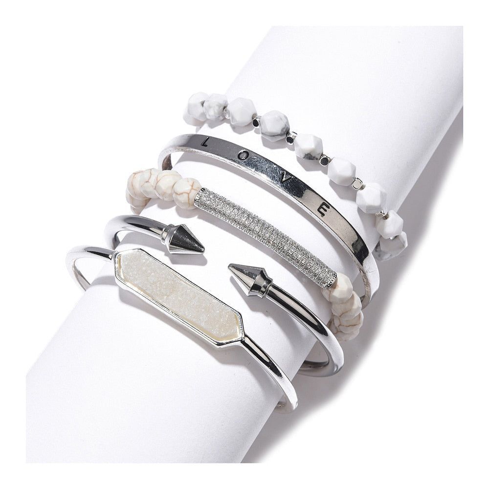 5 Pcs/set Natural Semi-precious Stone Metal Bracelets Charm Jewelry Set BCJH41 - Touchy Style .