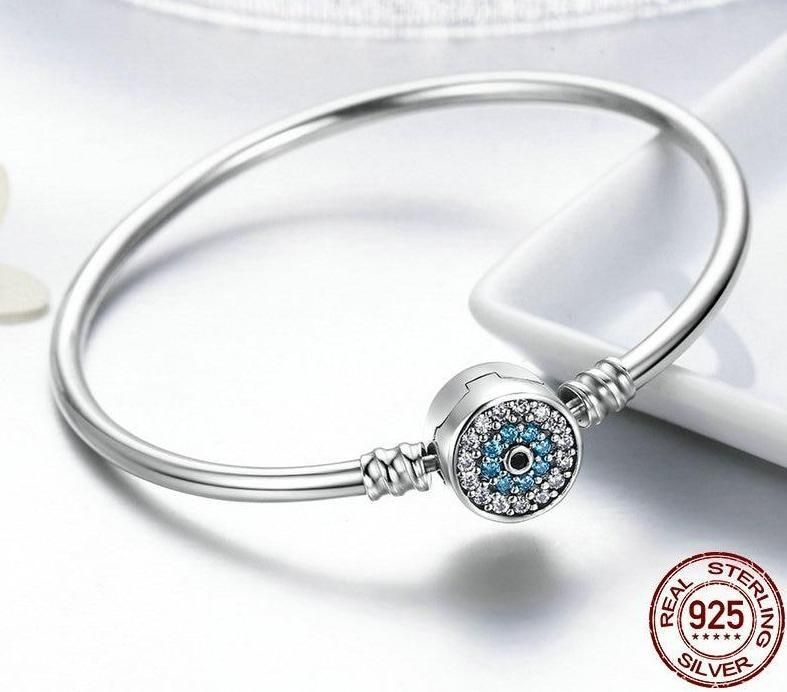 925 Sterling Silver Blue Eyes Clear Heart Bangle &amp; Bracelet Charm Jewelry 