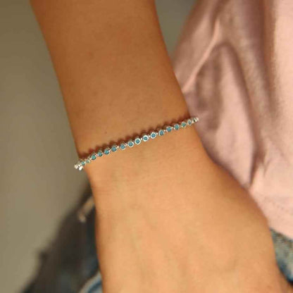 925 Sterling Silver Blue Turquoises Bezel Bracelets Charm Jewelry - Touchy Style .