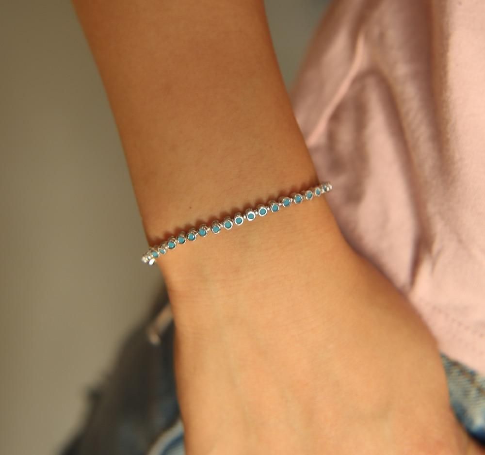 925 Sterling Silver Blue Turquoises Bezel Bracelets Charm Jewelry - Touchy Style .