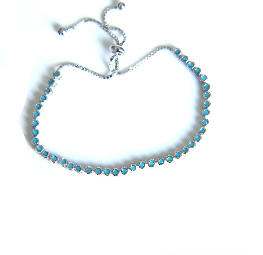 925 Sterling Silver Blue Turquoises Bezel Bracelets Charm Jewelry - Touchy Style .