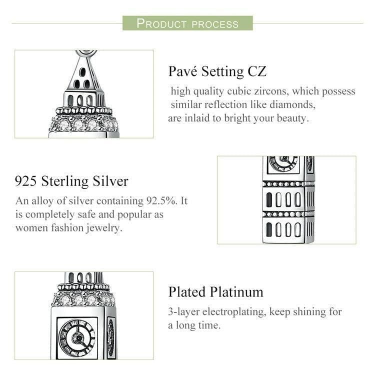925 Sterling Silver British Big Ben Building Pendant Charm Jewelry Without Chain - Touchy Style .