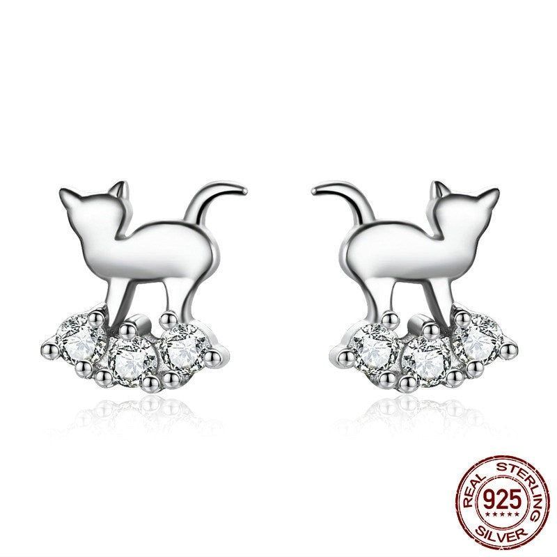 925 Sterling Silver Earrings Charm Jewelry Crystal Cat SCE537 - Touchy Style .