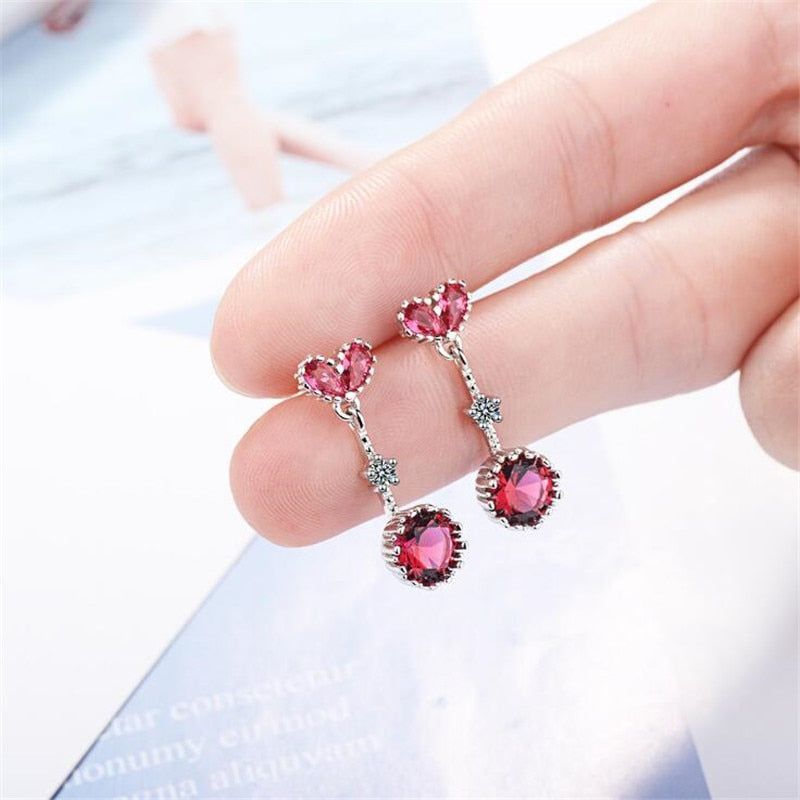 925 Sterling Silver Earrings Charm Jewelry Crystal Heart Red Blue Stone ZOS0454 - Touchy Style .