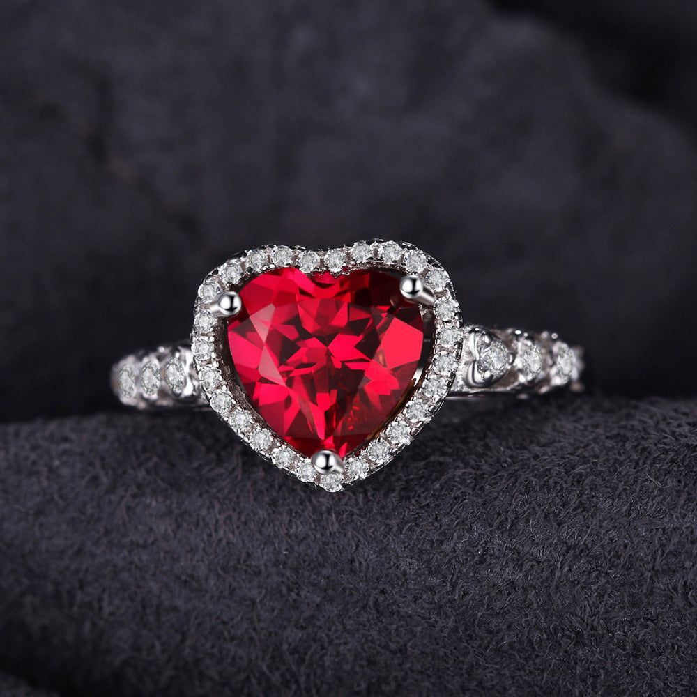 925 Sterling Silver Finger Rings Charm Jewelry JOS0358 Red Heart Gemstone - Touchy Style .