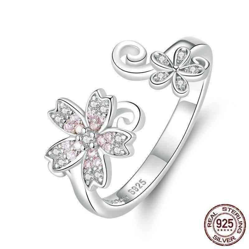 925 Sterling Silver Finger Rings Charm Jewelry Sakura Flower 