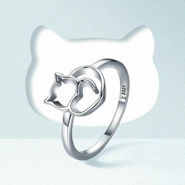 925 Sterling Silver Little Cat &amp; Heart Finger Ring Charm Jewelry 