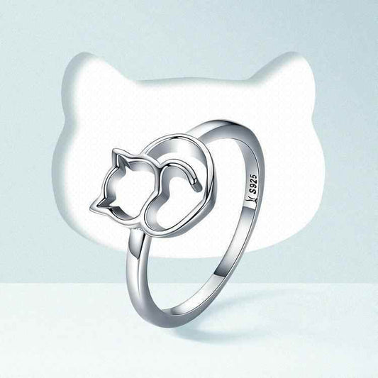 925 Sterling Silver Little Cat & Heart Finger Ring Charm Jewelry #SCR104 - Touchy Style .