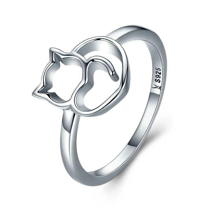 925 Sterling Silver Little Cat &amp; Heart Finger Ring Charm Jewelry 