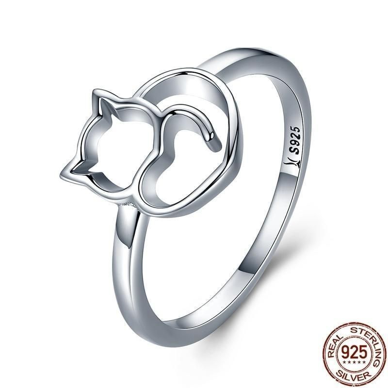925 Sterling Silver Little Cat &amp; Heart Finger Ring Charm Jewelry 