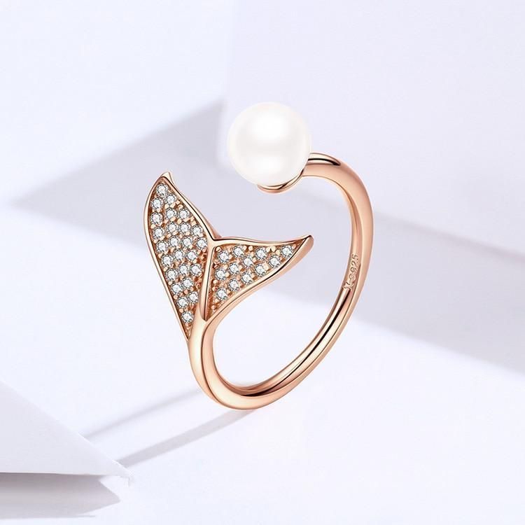 925 Sterling Silver Pearl Dolphin Tail Finger Rings Charm Jewelry 