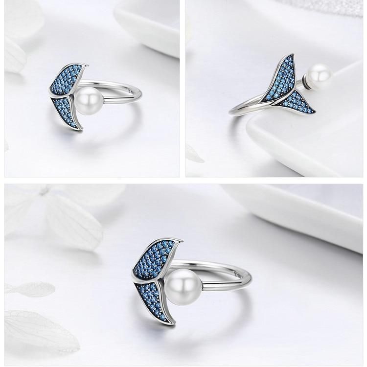 925 Sterling Silver Pearl Dolphin Tail Finger Rings Charm Jewelry 