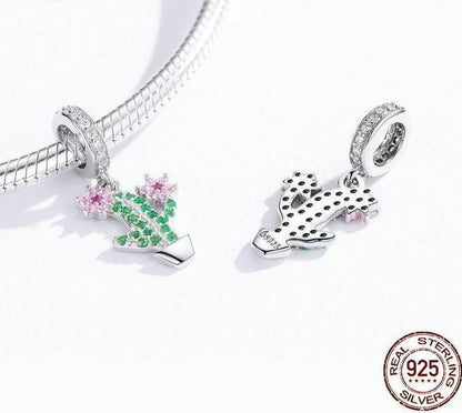 925 Sterling Silver Pendent Charm Jewelry Crystal Cactus 