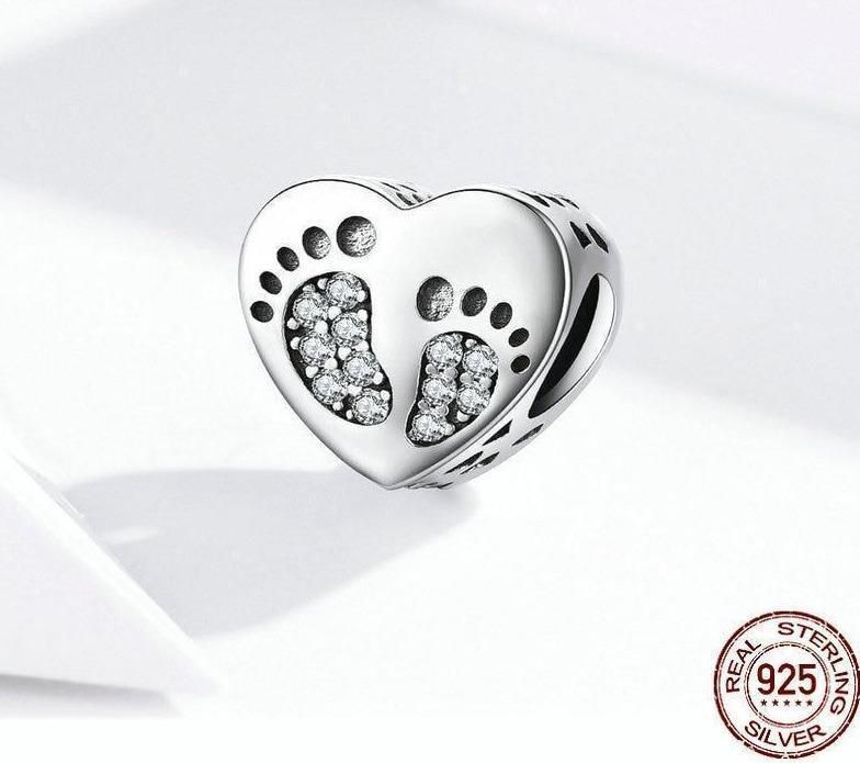 925 Sterling Silver Pendent Charm Jewelry Footprints Heart 