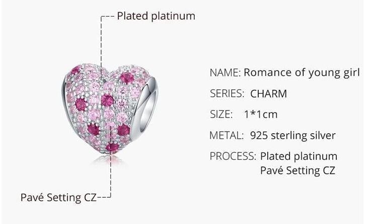 925 Sterling Silver Pendent Charm Jewelry Pink Heart 