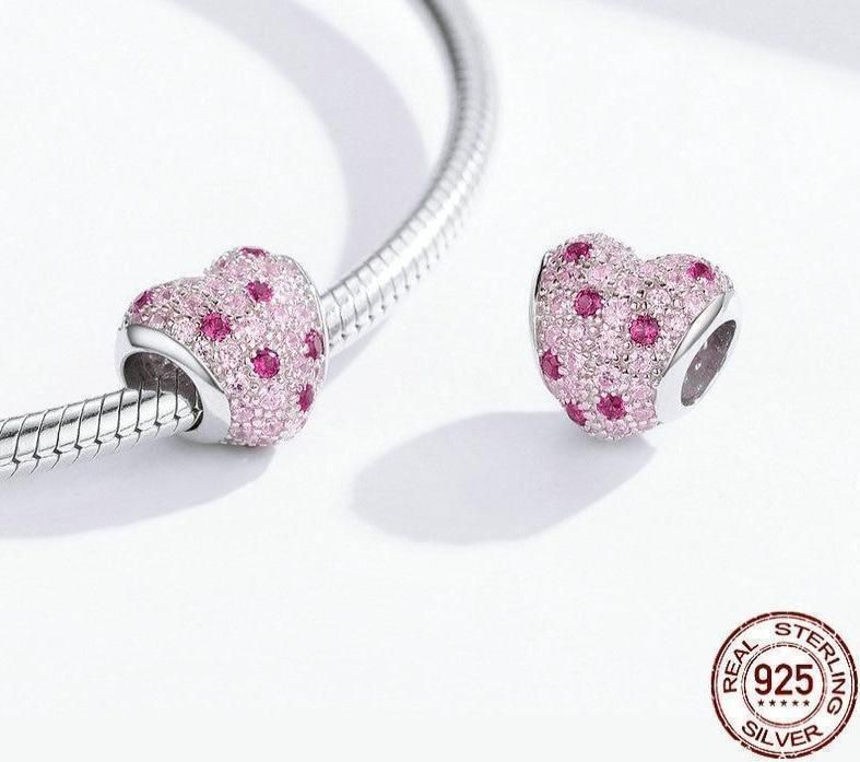 925 Sterling Silver Pendent Charm Jewelry Pink Heart 