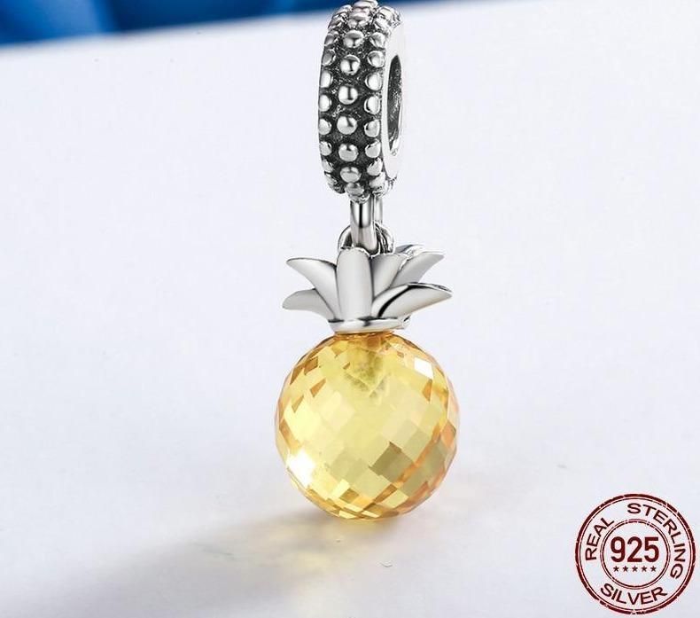 925 Sterling Silver Yellow Crystal Pineapple Pendent Charm Jewelry 