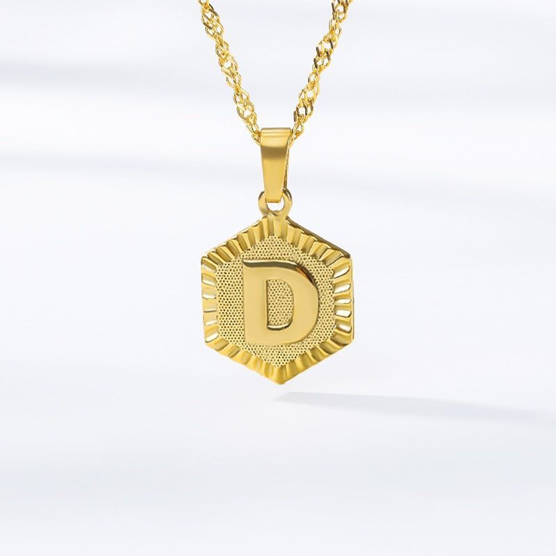 A-Z Letter Hexagon Necklaces Charm Jewelry Golden Color Stainless Steel Chain - Touchy Style .