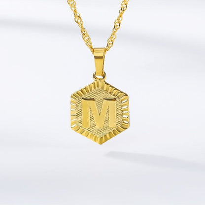 A-Z Letter Hexagon Necklaces Charm Jewelry Golden Color Stainless Steel Chain - Touchy Style .